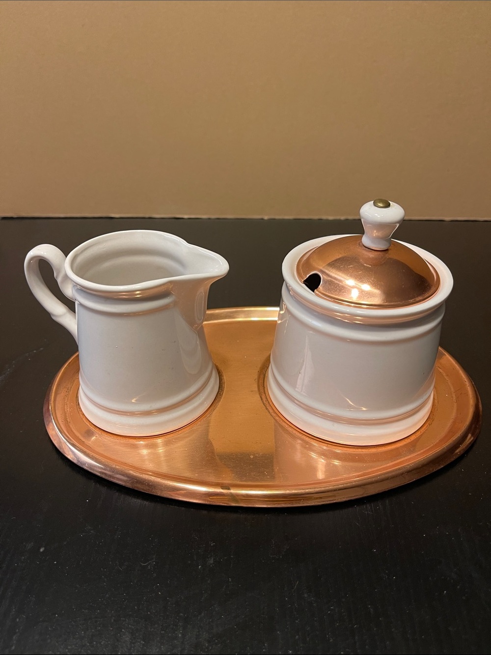 White Ceramic Sugar and Creamer Set with Copper Tray and Lid Accents